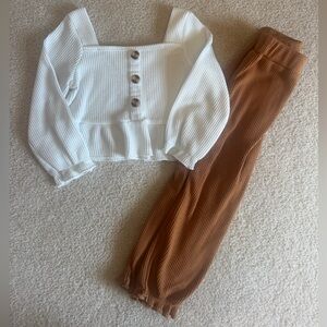 Stylish White Top with Brown Pants - Waffle Texture
